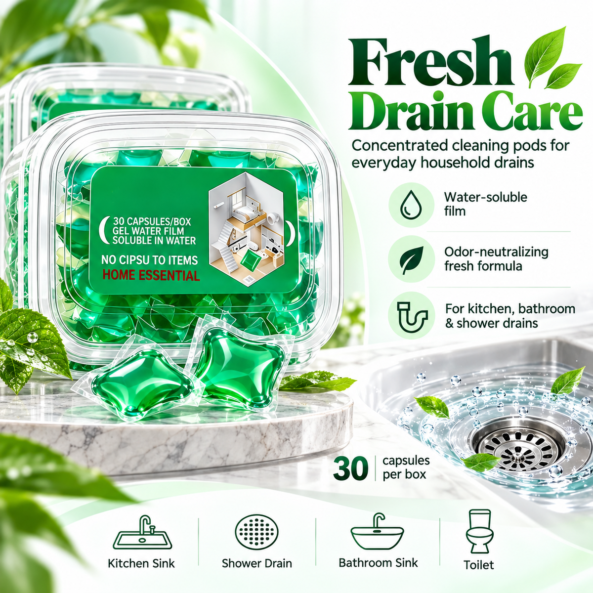 🔥 Bio-Enzyme Drain Freshener Capsules | Long-Lasting Freshness & Odor Control 🚿 30 PCS/Box