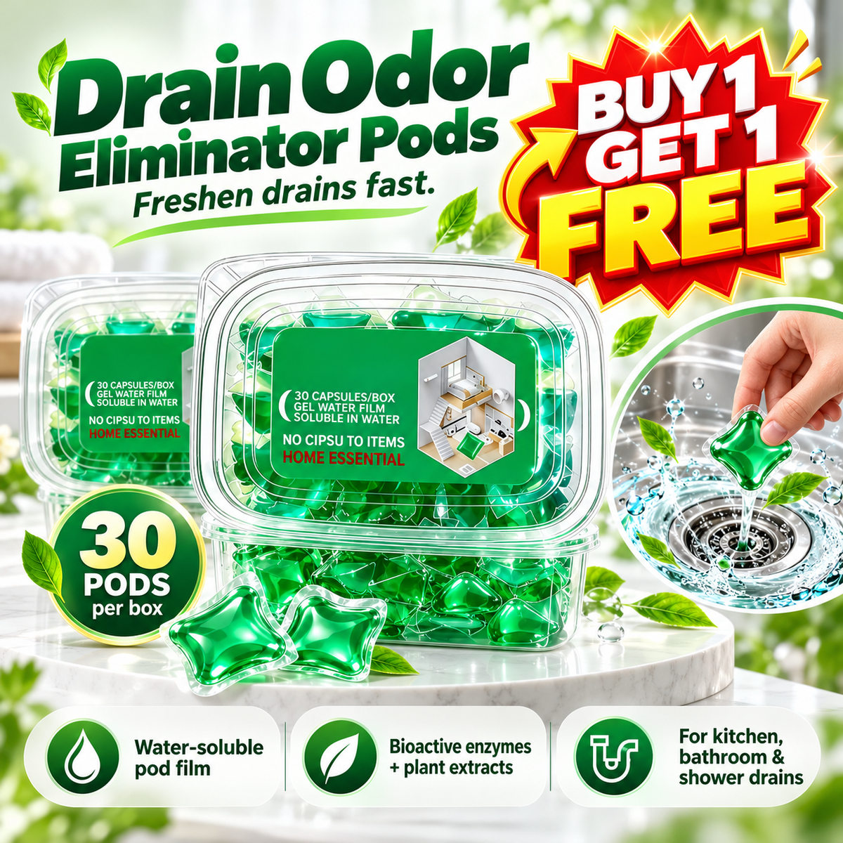 🎁 BUY 1 GET 1 FREE 🔥 Bio-Enzyme Drain Freshener Capsules | Long-Lasting Freshness & Odor Control 🚿 30 PCS/Box