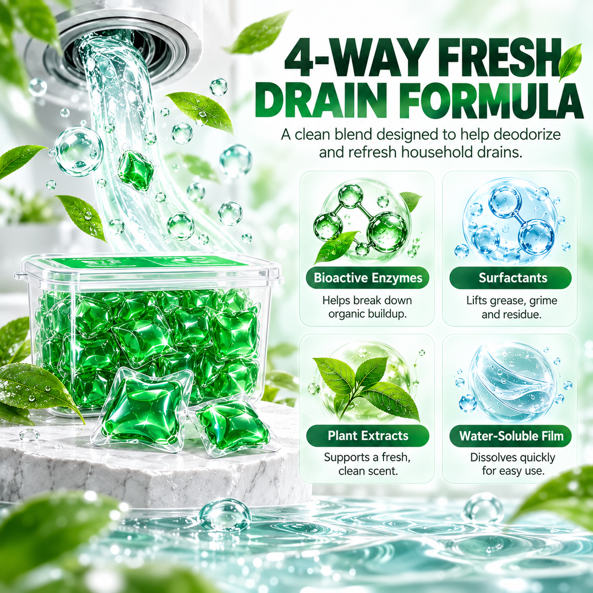 🔥 Bio-Enzyme Drain Freshener Capsules | Long-Lasting Freshness & Odor Control 🚿 30 PCS/Box